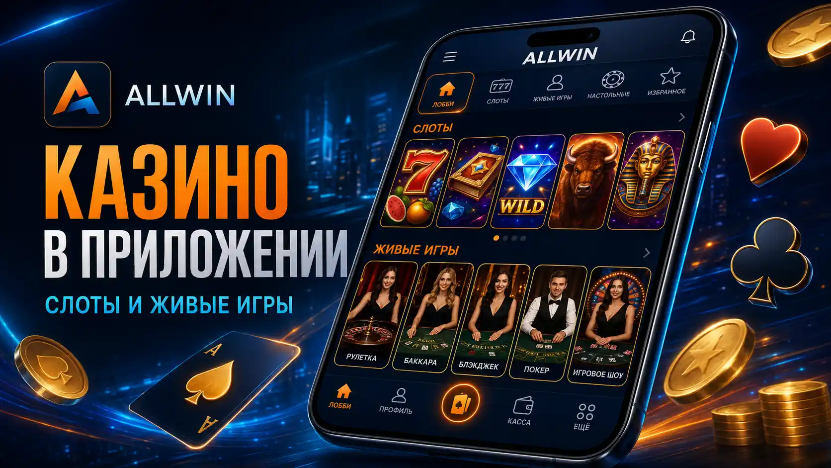 Лобби казино в приложении Allwin &mdash; слоты и живые игры